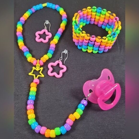 Kandi kids by Mitzie Other - Rave 6pc Rainbow choker binky & cord earrings cuff (kandi Runtz)